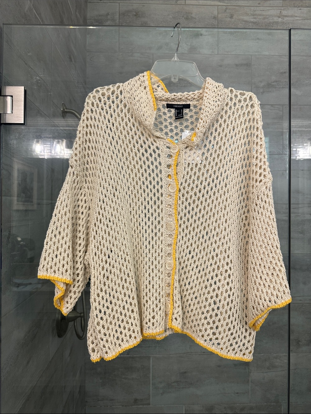 NEW Forever 21 Cream Open-Knit Button Shrug with Yellow Trim